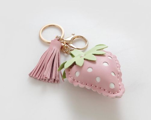 High Quality Pu Leather Wristlet Keychain Bracelet Kids Strawberry Shape Key Chain