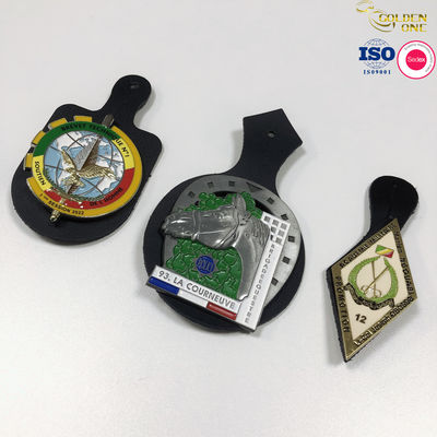 International Custom Shaped Lapel Pins , Soft Enamel Metal Zinc Alloy Badge With Leather